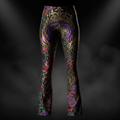 TITAN Women’s Flare Leggings with intricate gold, purple, and floral art on a black background against smoky backdrop.