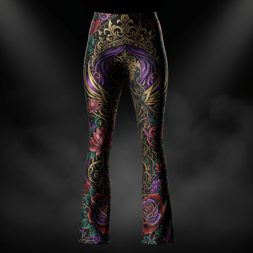 TITAN Women’s Flare Leggings with intricate gold, purple, and floral art on a black background against smoky backdrop.