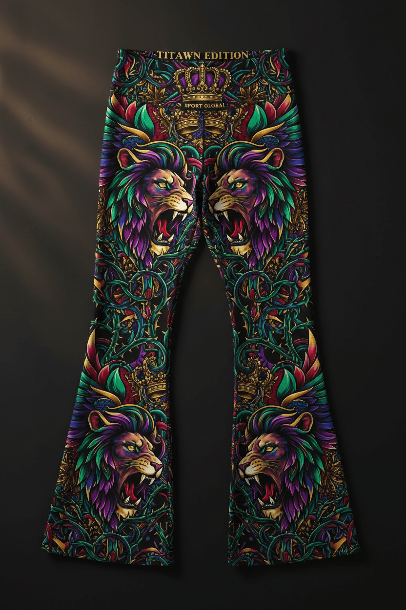 High-waisted flared yoga pants with bold, colorful lion print, crown motifs, and black background.