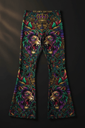 High-waisted flared yoga pants with bold, colorful lion print, crown motifs, and black background.