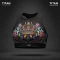 Black high-neck sports bra featuring a vibrant, colorful crown graphic with gemstones, lightning, and floral accents.