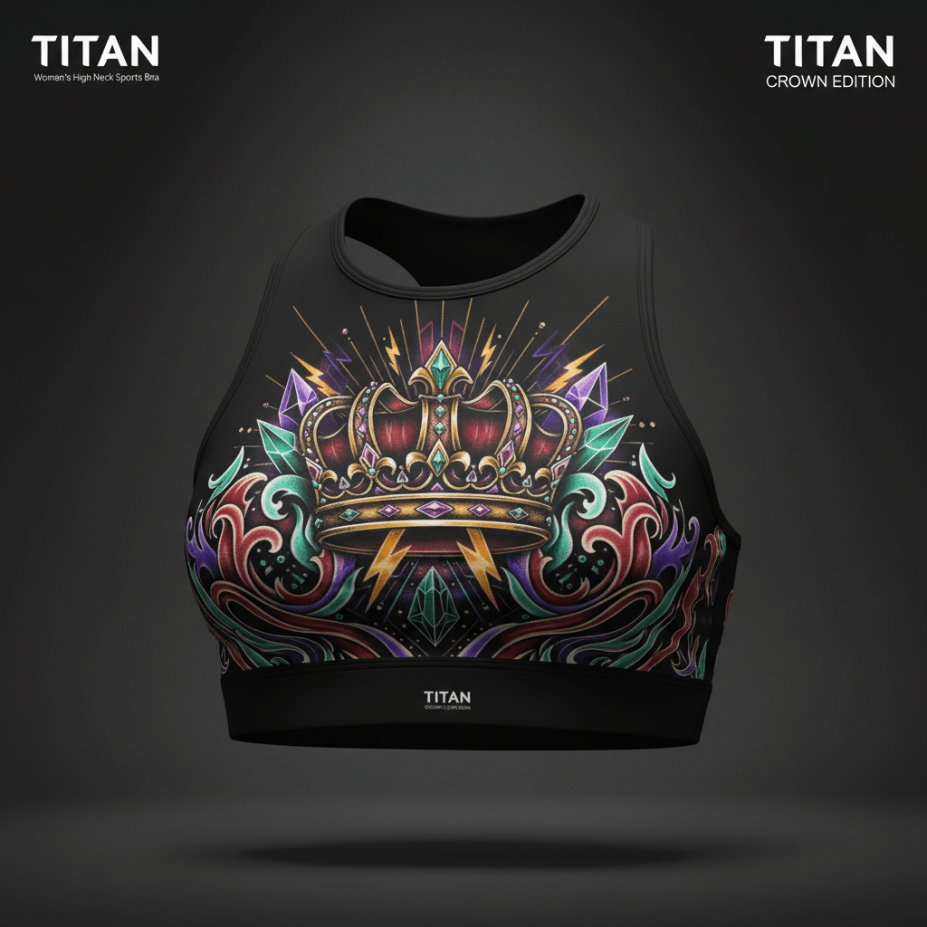 Black high-neck sports bra featuring a vibrant, colorful crown graphic with gemstones, lightning, and floral accents.