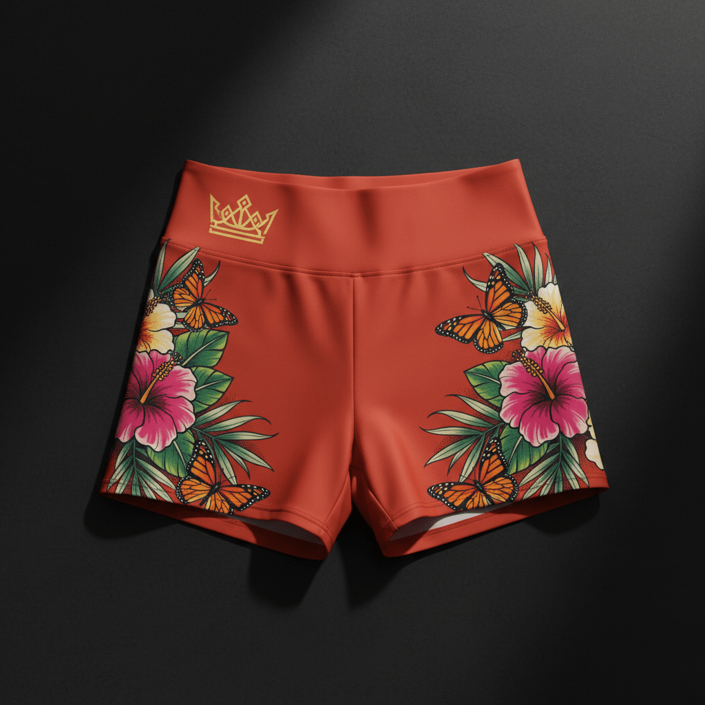 TITAN Women's High-Waist Slimming Swim Shorts - Coral Hibiscus Crown Edition