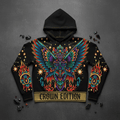 Black hoodie featuring vibrant, multicolored Itzpapalotl butterfly goddess art, star motifs, and "CROWN EDITION" text.