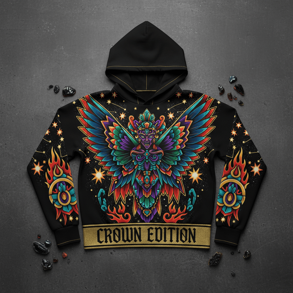 Black hoodie featuring vibrant, multicolored Itzpapalotl butterfly goddess art, star motifs, and "CROWN EDITION" text.