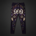 Black athletic joggers with purple and gold mystical graphics, "999" center print, and Titan Sport Global logo patch.