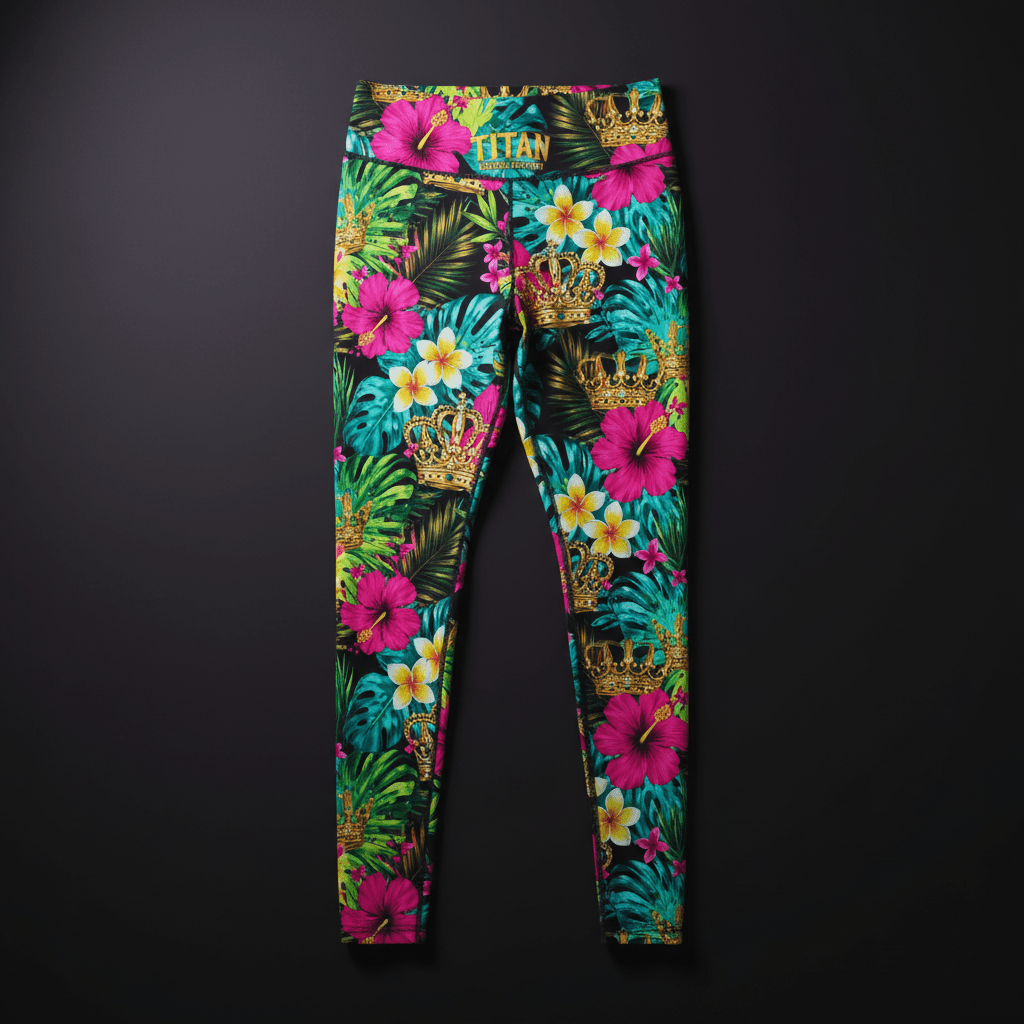 TITAN high-waisted leggings featuring a tropical print with hibiscus flowers, palm leaves, and gold crowns on black.