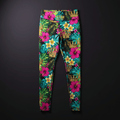 TITAN high-waisted leggings featuring a tropical print with hibiscus flowers, palm leaves, and gold crowns on black.