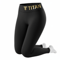 Black TITAN biker leggings with a high waistband featuring a gold metallic "TITAN" logo and brand icon.