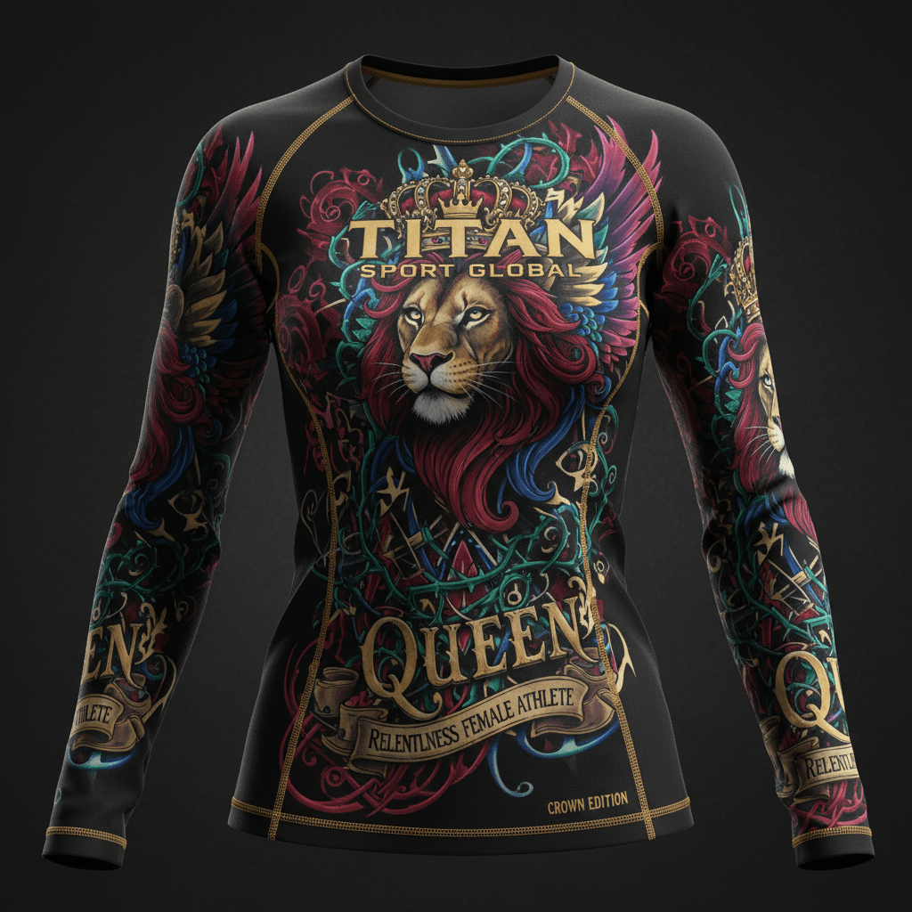 Black long-sleeve performance tee with gold, red, and teal lion, crown, and floral print, branded Titan Sport Global.