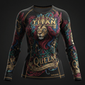 Black long-sleeve performance tee with gold, red, and teal lion, crown, and floral print, branded Titan Sport Global.