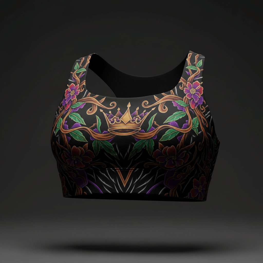 Black sports bra with golden crown, purple floral, and vine tattoo-style print on a longline racerback silhouette.