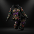 Black lounge set featuring a golden crown, purple ribbons, and red rose tattoo-style graphics on hoodie and joggers.