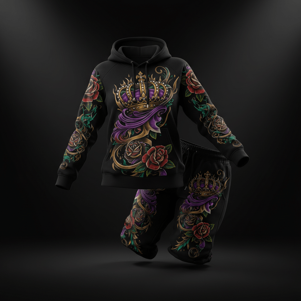 Black lounge set featuring a golden crown, purple ribbons, and red rose tattoo-style graphics on hoodie and joggers.