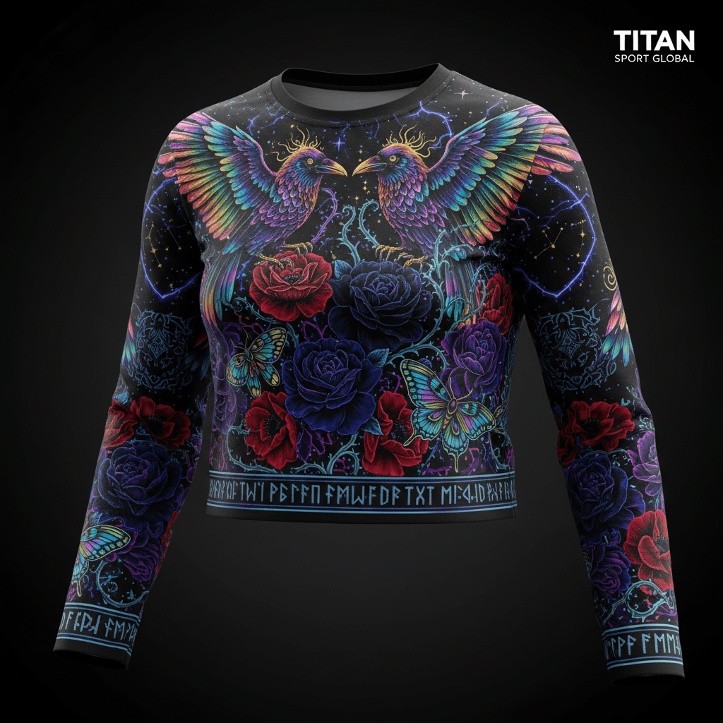 Black long-sleeve crop top featuring neon ravens, vibrant roses, butterflies, and Nordic-inspired runic border designs.