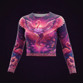 TITAN women’s long-sleeve crop top with neon pink flamingo, lotus, and tropical sunset print on dark purple background.
