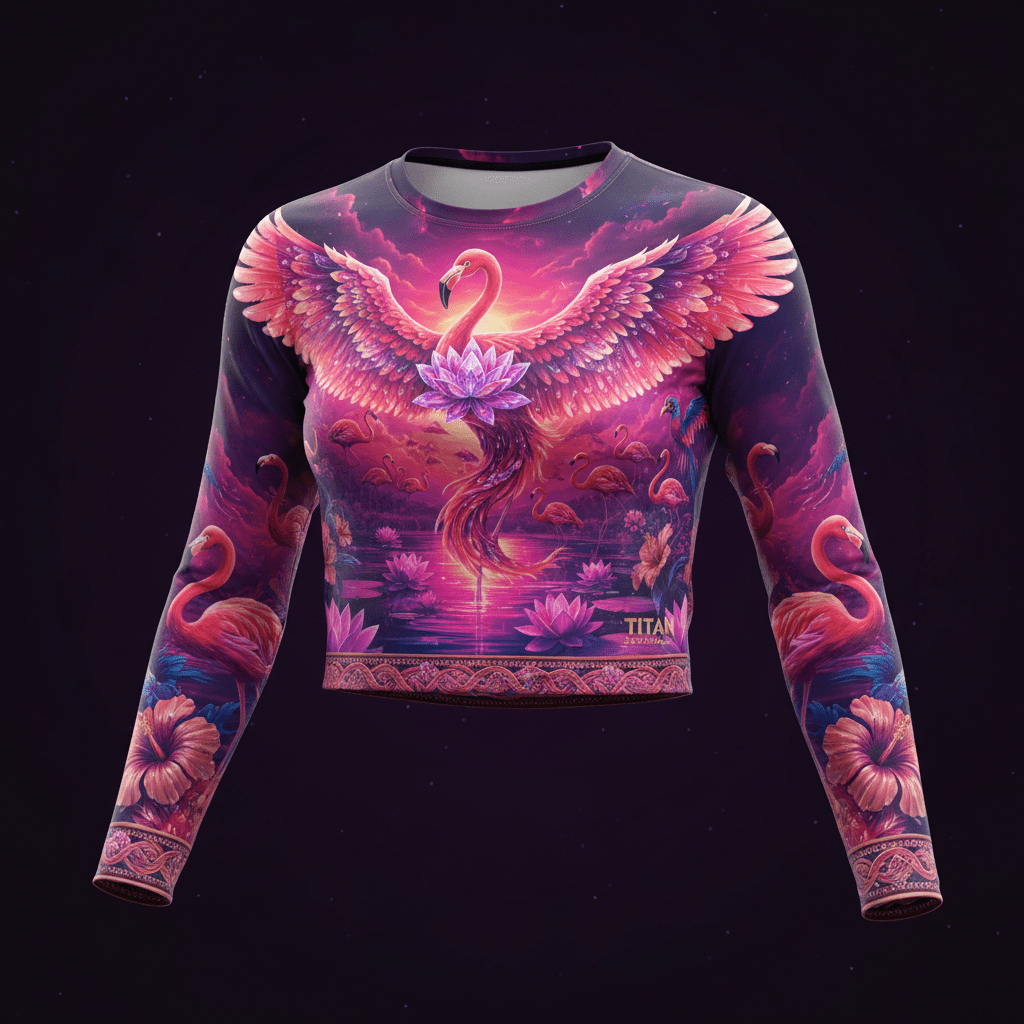 TITAN women’s long-sleeve crop top with neon pink flamingo, lotus, and tropical sunset print on dark purple background.