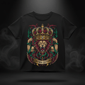 Black oversized tee featuring a roaring lion wearing a gold crown, flanked by snakes, roses, and "CROWN EDITION" text.