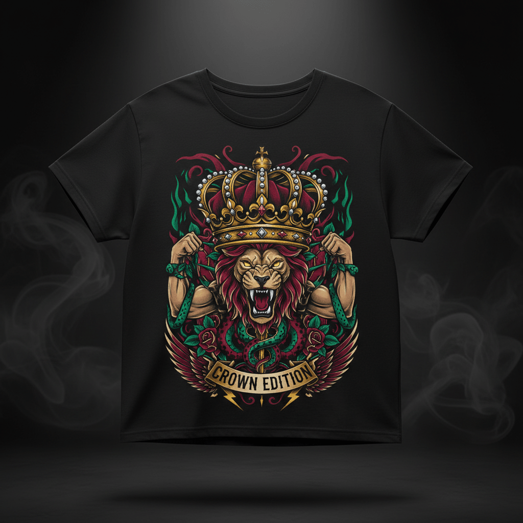 Black oversized tee featuring a roaring lion wearing a gold crown, flanked by snakes, roses, and "CROWN EDITION" text.