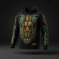 Black hoodie featuring Papatuanuku Earth Mother art with green spiral designs and gold crown logos on chest and sleeves.