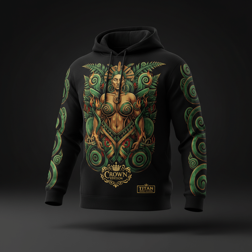 Black hoodie featuring Papatuanuku Earth Mother art with green spiral designs and gold crown logos on chest and sleeves.
