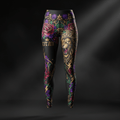 Black performance leggings featuring a roaring lion, roses, gold crowns, and thorny vine patterns.