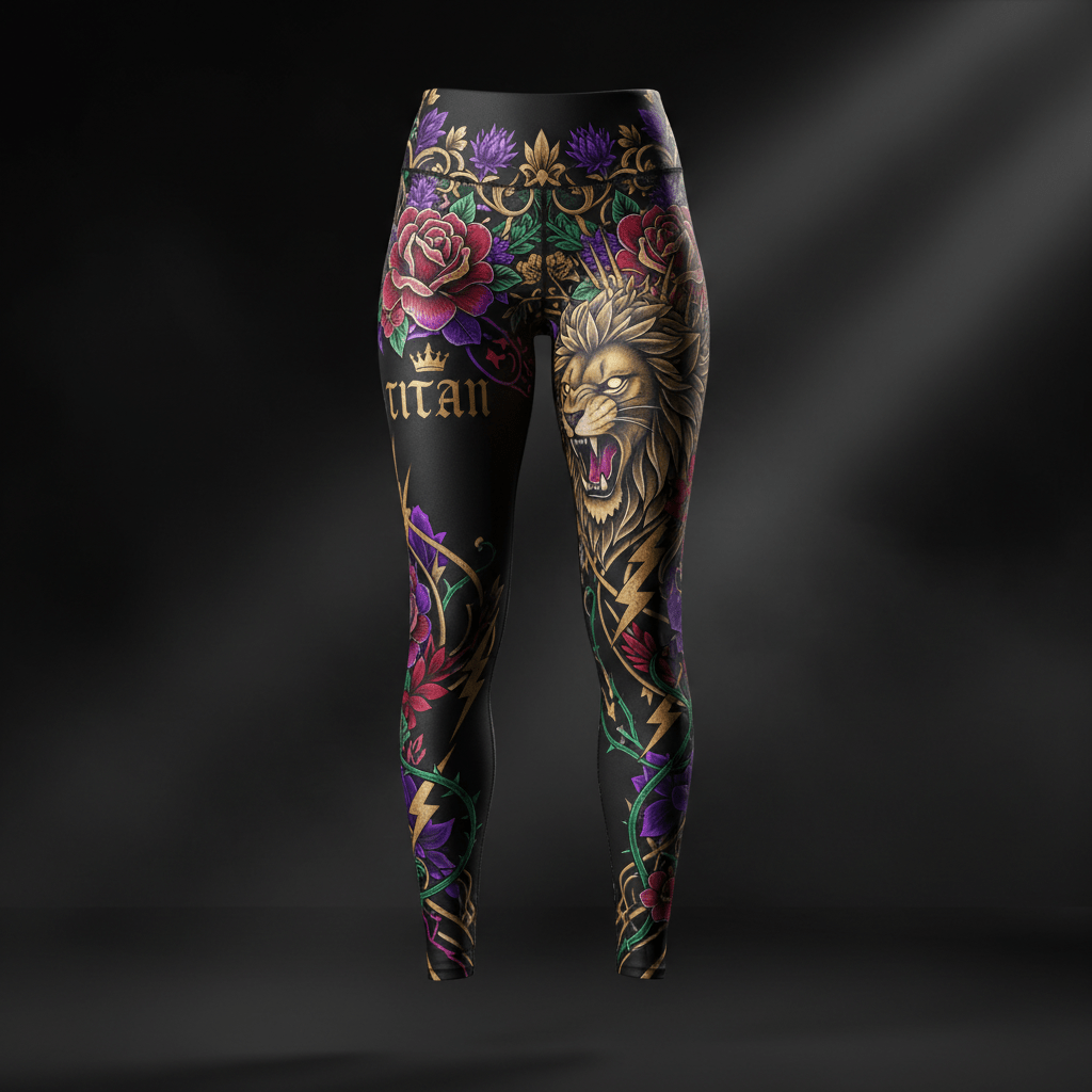 Black performance leggings featuring a roaring lion, roses, gold crowns, and thorny vine patterns.