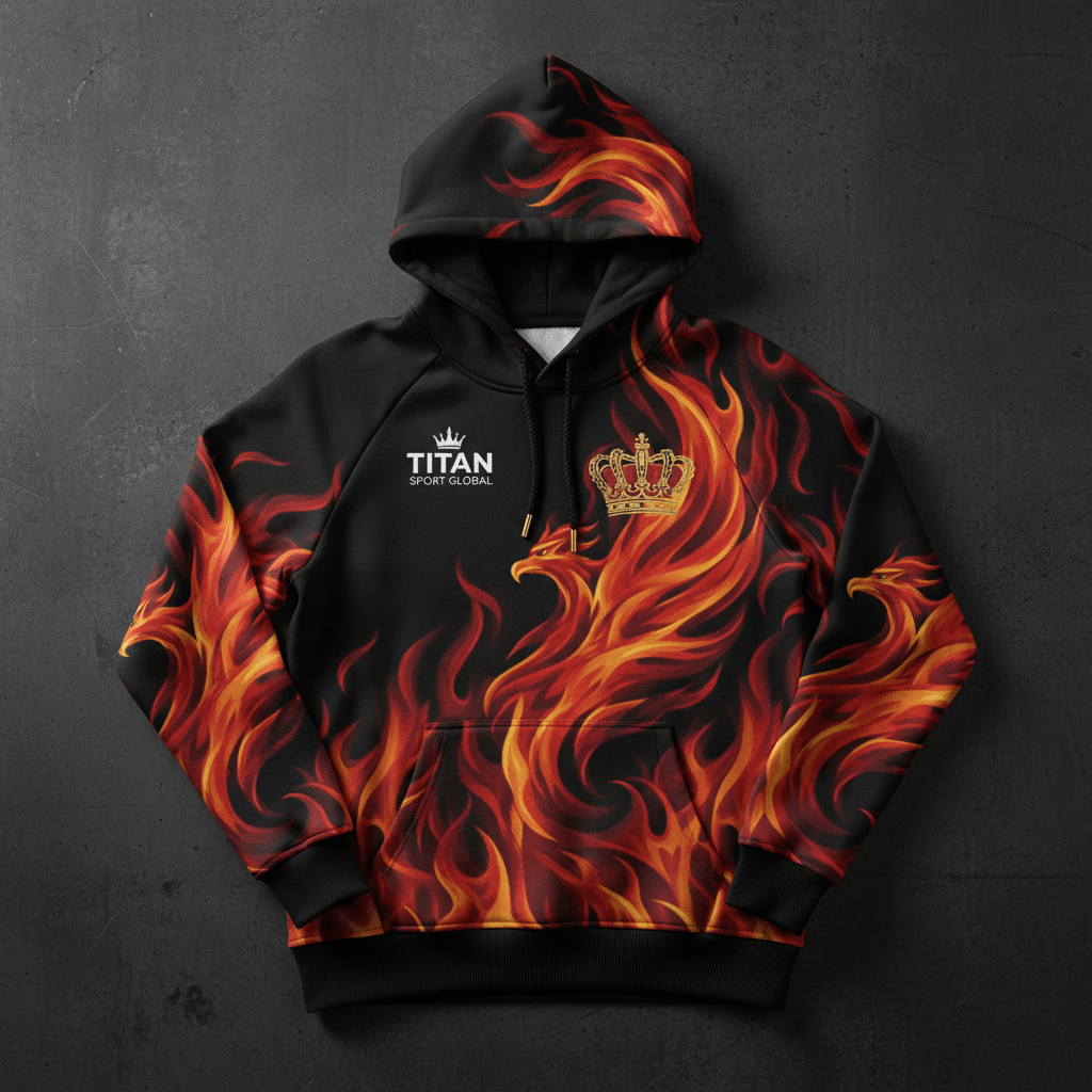 Black pullover hoodie featuring an orange and red phoenix fire pattern, a gold crown, and TITAN SPORT GLOBAL branding.
