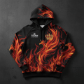 Black pullover hoodie featuring an orange and red phoenix fire pattern, a gold crown, and TITAN SPORT GLOBAL branding.