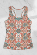 TITAN Women’s racerback tank with a colorful, intricate floral mandala pattern in shades of coral, teal, and cream.