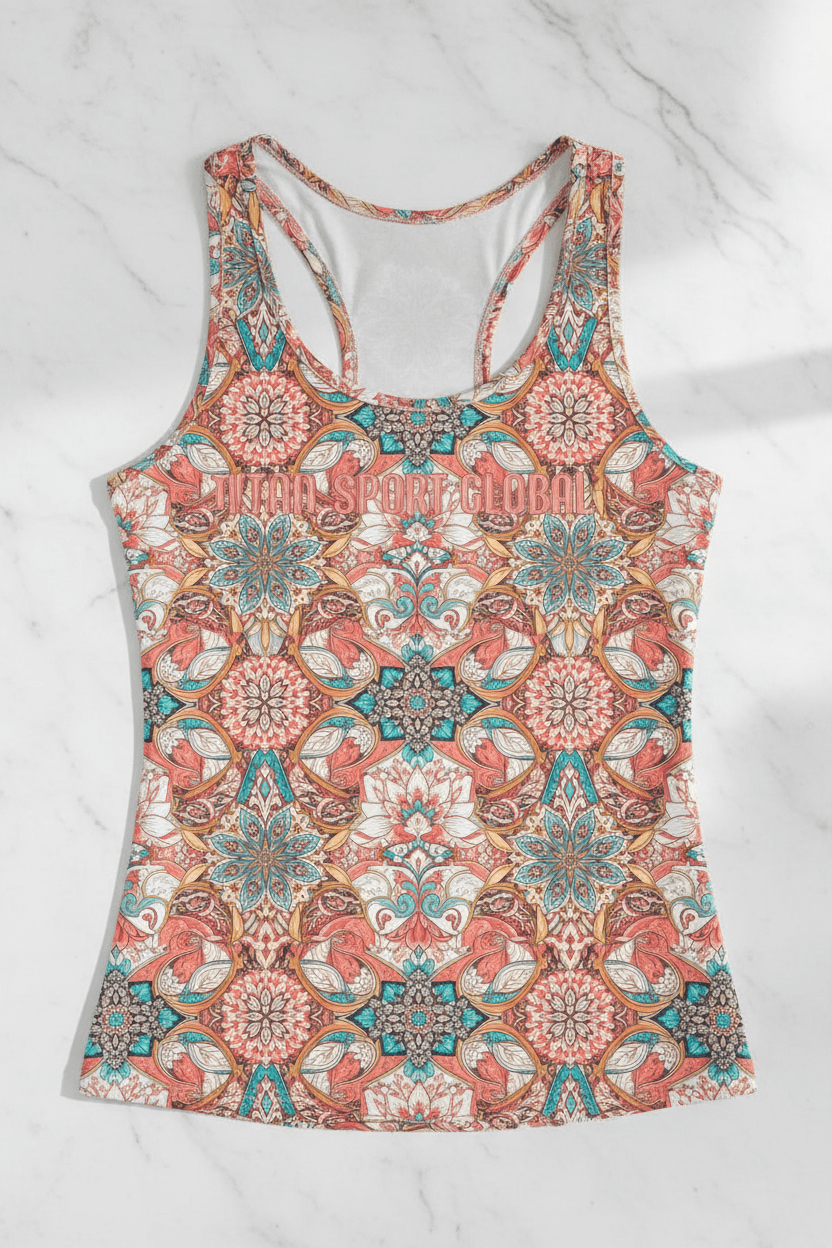 TITAN Women’s racerback tank with a colorful, intricate floral mandala pattern in shades of coral, teal, and cream.