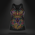 Black women's racerback tank featuring a vibrant, ornate gold crown surrounded by colorful floral and vine graphics.