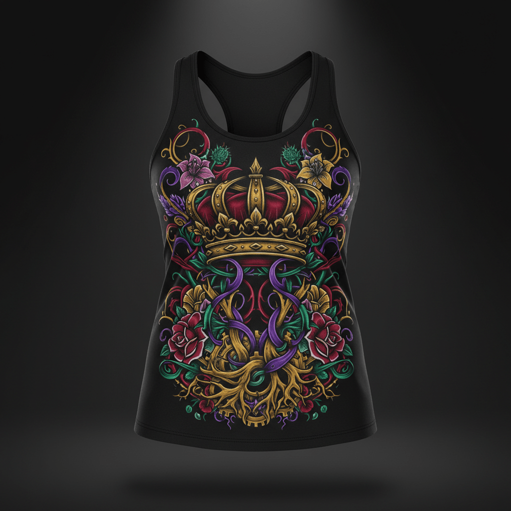 Black women's racerback tank featuring a vibrant, ornate gold crown surrounded by colorful floral and vine graphics.