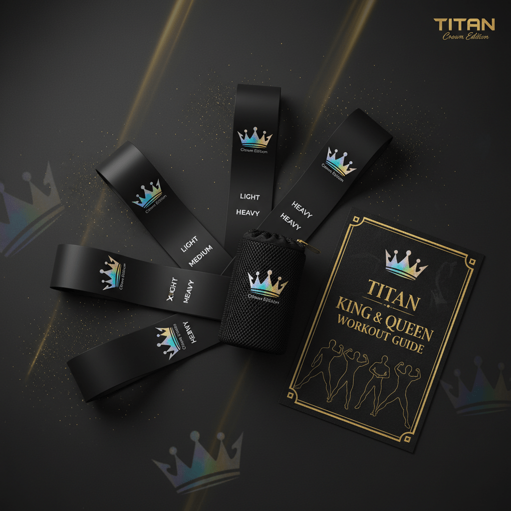 TITAN Crown Edition black resistance bands with holographic crown logos, a mesh carry bag, and workout guide booklet.