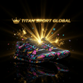 TITAN women's running shoes with black base, vibrant floral patterns, and floating golden crowns on a black background.