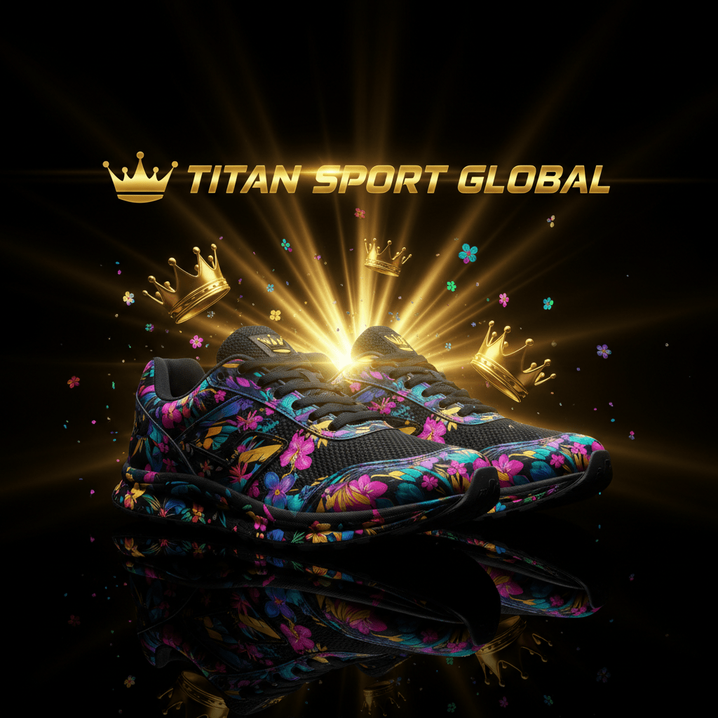 TITAN women's running shoes with black base, vibrant floral patterns, and floating golden crowns on a black background.