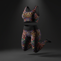 TITAN Crown Edition workout set: seamless sports bra and leggings featuring a colorful tattoo-style rose and crown print.
