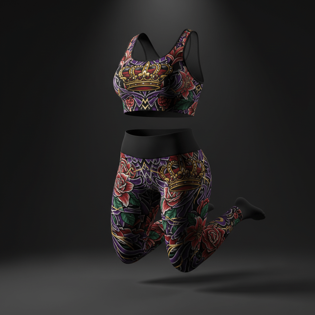TITAN Crown Edition workout set: seamless sports bra and leggings featuring a colorful tattoo-style rose and crown print.