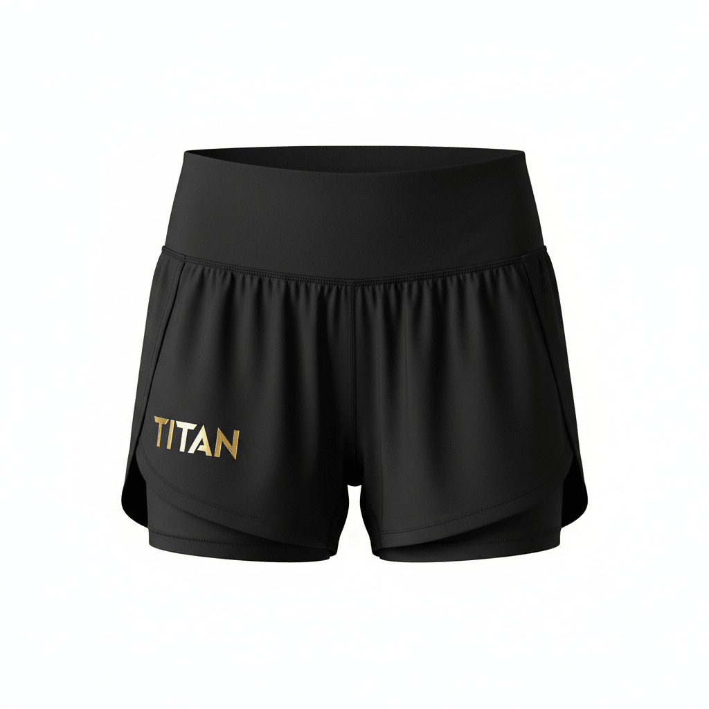 Black TITAN women's athletic shorts with high waistband, layered performance fit, and gold logo on the right leg.