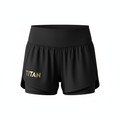 Black TITAN women's athletic shorts with high waistband, layered performance fit, and gold logo on the right leg.