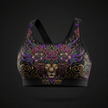 Black sports bra with vibrant lion, rose, and floral art, gold filigree accents, and "TITAN CROWN" text on front.