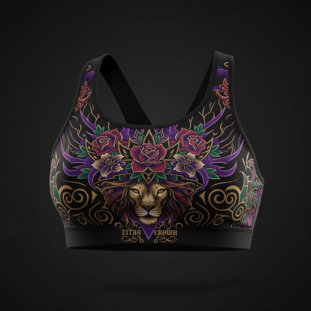 Black sports bra with vibrant lion, rose, and floral art, gold filigree accents, and "TITAN CROWN" text on front.