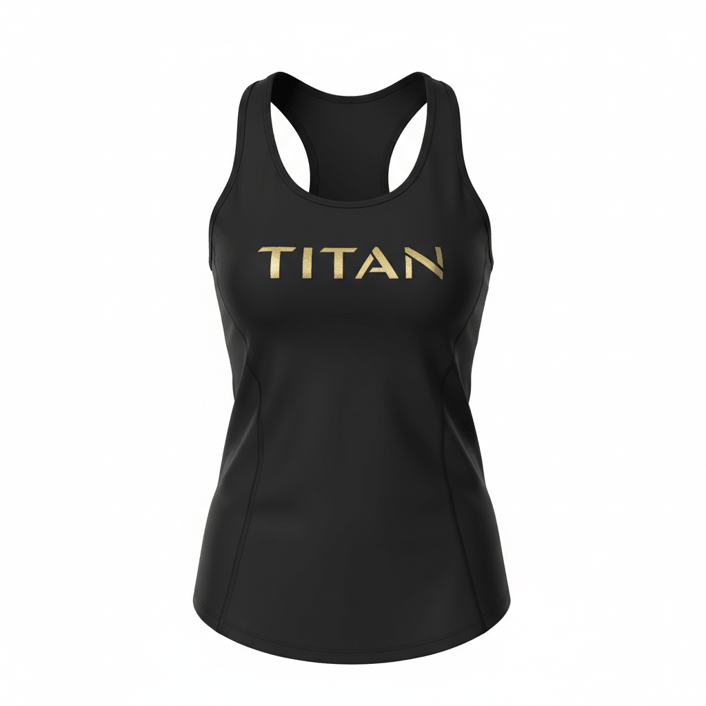 Women's black racerback tank top with a feminine fit and metallic gold "TITAN" logo on the chest.