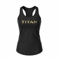 Women's black racerback tank top with a feminine fit and metallic gold "TITAN" logo on the chest.