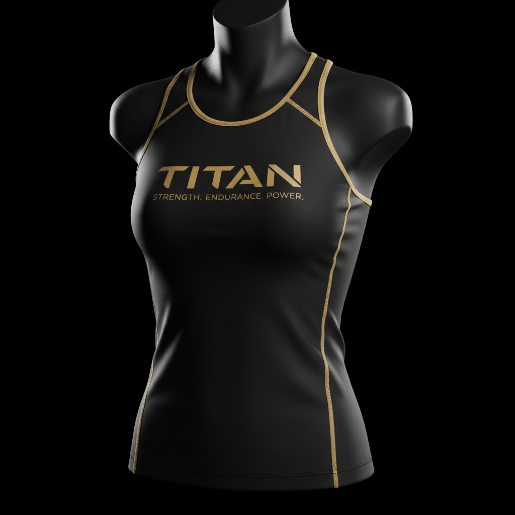 Black form-fitting training tank with gold trim and "TITAN STRENGTH. ENDURANCE. POWER." logo on a female mannequin.