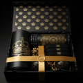 TITAN wellness set in a black box with gold crown patterns, featuring a foam roller, resistance bands, and gold ribbon.