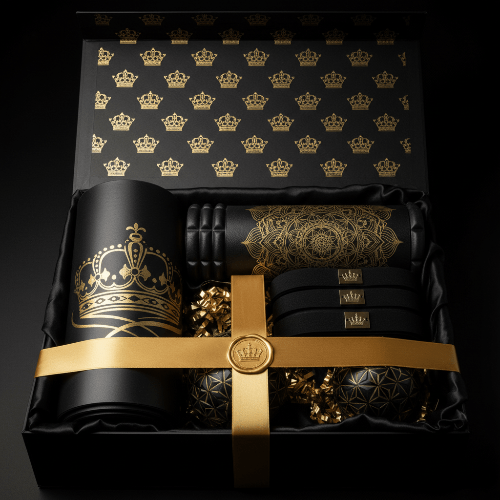 TITAN wellness set in a black box with gold crown patterns, featuring a foam roller, resistance bands, and gold ribbon.