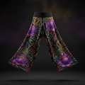 TITAN wide-leg yoga pants with a black base, featuring vibrant purple lotus flowers, gold crowns, and ornate swirls.