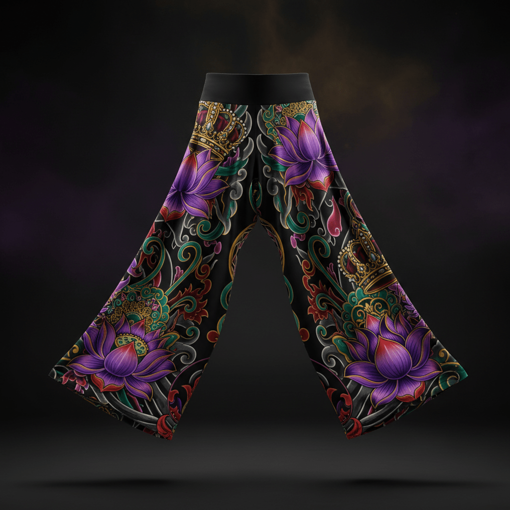 TITAN wide-leg yoga pants with a black base, featuring vibrant purple lotus flowers, gold crowns, and ornate swirls.