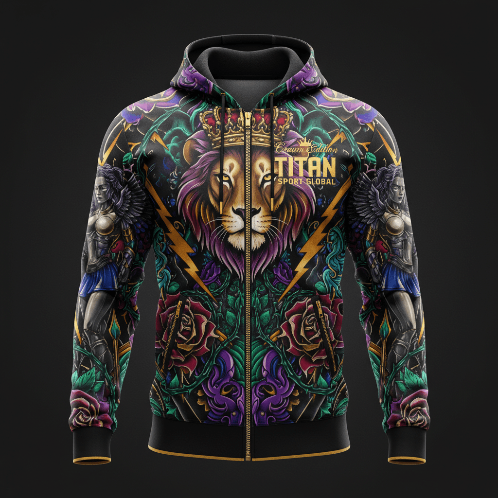 TITAN women's zip-up hoodie features a lion with a crown, winged warriors, lightning bolts, and roses in vibrant hues.